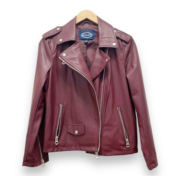 Scoop Faux Leather Moto Jacket Tawny Port Wine Biker Jacket Women’s Size Small - Picture 6 of 12